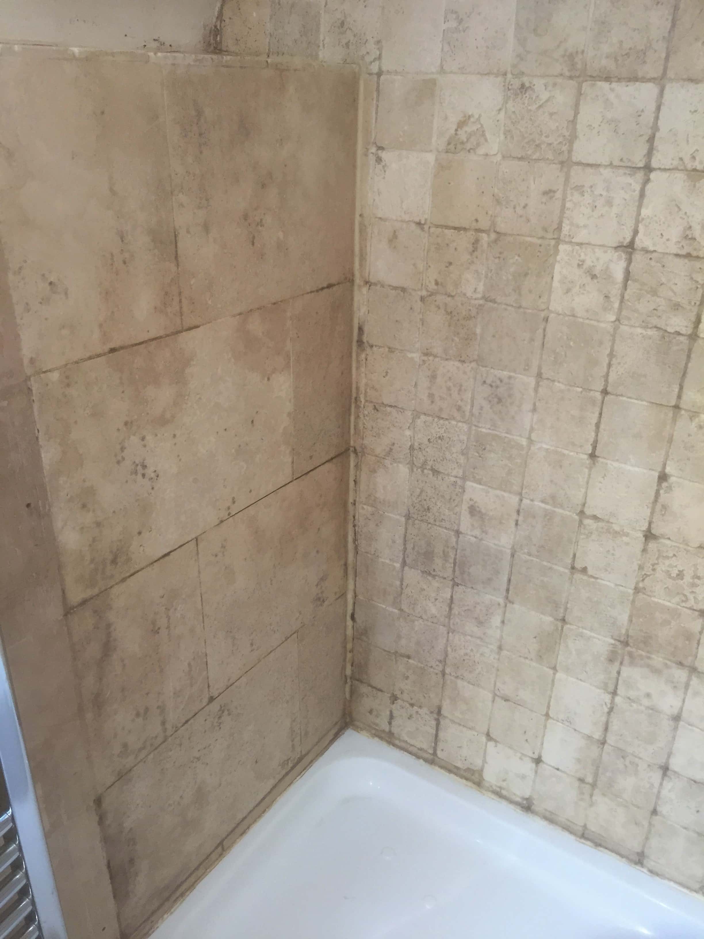Before and After of Mouldy Travertine Tiled Shower in Abingdon-on-Thames